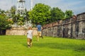 Dad and son on background of Fort Cornwallis in Georgetown, Penang, is a star fort built by the British East India Company in the Royalty Free Stock Photo