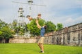 Dad and son on background of Fort Cornwallis in Georgetown, Penang, is a star fort built by the British East India Company in the Royalty Free Stock Photo