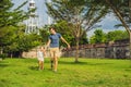 Dad and son on background of Fort Cornwallis in Georgetown, Pena Royalty Free Stock Photo
