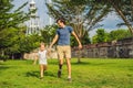 Dad and son on background of Fort Cornwallis in Georgetown, Penang, is a star fort built by the British East India Royalty Free Stock Photo