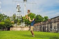 Dad and son on background of Fort Cornwallis in Georgetown, Penang, is a star fort built by the British East India Royalty Free Stock Photo