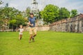 Dad and son on background of Fort Cornwallis in Georgetown, Penang, is a star fort built by the British East India Royalty Free Stock Photo