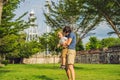 Dad and son on background of Fort Cornwallis in Georgetown, Penang, is a star fort built by the British East India Royalty Free Stock Photo