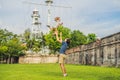 Dad and son on background of Fort Cornwallis in Georgetown, Penang, is a star fort built by the British East India Royalty Free Stock Photo