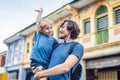 Dad and son in the background of Old houses in the Old Town of G Royalty Free Stock Photo