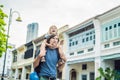 Dad and son in the background of Old houses in the Old Town of G Royalty Free Stock Photo