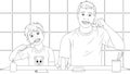 Dad and son brush their teeth coloring book