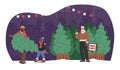 Dad and Son Family Characters Roam The Christmas Tree Farm, Under The Starry Night, Amid Rows Of Evergreens