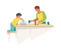 Dad and son have breakfast together. Family morning meal. Cozy home scene, cartoon father gives boy muesli and biscuits