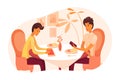 Dad and son have dinner at restaurant illustration