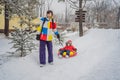 Dad and son have fun on tubing in the winter. Winter fun for the whole family Royalty Free Stock Photo