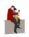 Dad and son make selfie. Father and son are sitting and taking pictures. Modern flat vector illustration