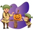 Dad with son making Halloween pumpkin poster. Cartoon father with little sonny dressed shrek costumes and carving