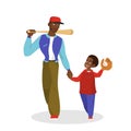Dad and son play baseball. Father walking with a bat