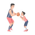 Dad and Son Playing Basketball, Happy Father and His Child Having Good Time Together Cartoon Style Vector Illustration Royalty Free Stock Photo