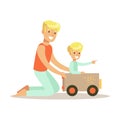 Dad And Son Playing With Cardboard Car, Loving Father Enjoying Good Quality Daddy Time With Happy Kid Royalty Free Stock Photo