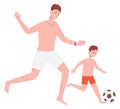 Dad and son playing football. Happy soccer game
