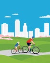 Dad and Son ride bicycles in city park vector Royalty Free Stock Photo