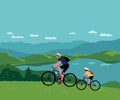 Dad, Son Ride Bicycles in Mountain Valley vector Royalty Free Stock Photo