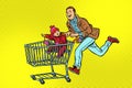 Dad and son are on sale. shopping cart shop trolley
