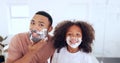 Dad, son and shaving cream in bathroom, portrait and morning routine in mirror, skincare and boy. Facial, cosmetic and