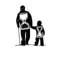 Dad and son silhouette with hourglass hand-drawn vector illustration. Time is priceless. Protect parents.