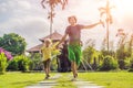 Dad and son tourists in Traditional balinese hindu Temple Taman Ayun in Mengwi. Bali, Indonesia. Traveling with children Royalty Free Stock Photo