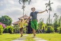 Dad and son tourists in Traditional balinese hindu Temple Taman Ayun in Mengwi. Bali, Indonesia Traveling with children Royalty Free Stock Photo