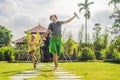 Dad and son tourists in Traditional balinese hindu Temple Taman Ayun in Mengwi. Bali, Indonesia Traveling with children Royalty Free Stock Photo