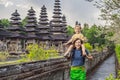 Dad and son tourists in Traditional balinese hindu Temple Taman Ayun in Mengwi. Bali, Indonesia Traveling with children Royalty Free Stock Photo