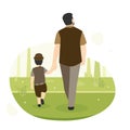 Dad and Son walking together in the forest, Bearded adult father holding his little son hand Royalty Free Stock Photo
