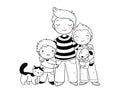 Dad and sons. Three brothers. Three friends and their pets a cat and a dog.Monochrome versions.