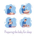 Dad stayed home and prepares the baby for bed: he changes the diaper for the baby, bathes him in the bath,feeds him from