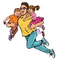 Dad superhero flies and carries his daughter and son in his arms. paternity