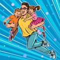 Dad superhero flies and carries his daughter and son in his arms. paternity