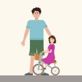 Dad teaches his daughter to ride a bike. Illustration of a parent teaching a child. Vector picture of a girl on a bicycle Royalty Free Stock Photo