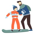 Dad teaching son to snowboard, winter sports vector