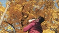 Dad throws up a happy daughter in sky in autumn in park. happy family travels. Father and little child play, laugh and Royalty Free Stock Photo