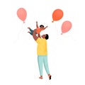 Dad throws up his little son. Father`s day illustration with cute characters and balloons Royalty Free Stock Photo