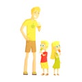 Dad And Twin Son And Daughter Eating Ice-cream, Happy Loving Families With Kids Spending Weekend Together Vector