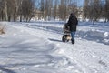Dad walks with a stroller in the city park. Winter time