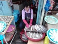 A woman cleans fish in Dadaepo fishing port, Busan