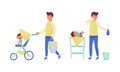 Daddy caring for his baby set. Father changing baby diaper on table and walking with stroller vector illustration Royalty Free Stock Photo