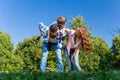 Daddy carrying son piggyback on his back Royalty Free Stock Photo