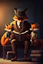 Daddy fox reads a book to little foxes in cartoon style. AI Generated