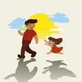 Girl running and crying after her father in the sunset