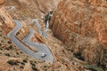 Dades Gorge mountain canyon. Famous Morocco tourist landmark, R704 way. Aerial