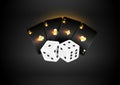 Two white dice rest in front of a fan of four playing cards Royalty Free Stock Photo