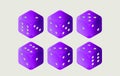 Six purple dice are arranged in two rows of three on a white background Royalty Free Stock Photo