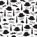 Background of men`s hat, glasses, tie, mustache. Seamless background. Royalty Free Stock Photo